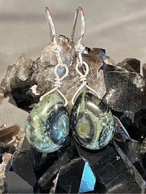 Sterling silver 925, Kambaba Jasper teardrop dangle earrings